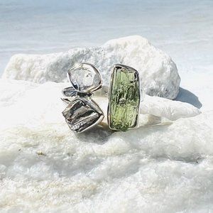 Size 5.5 Ring 925 Sterling Silver Natural Moldavite, Herkimer Diamond, Meteorite